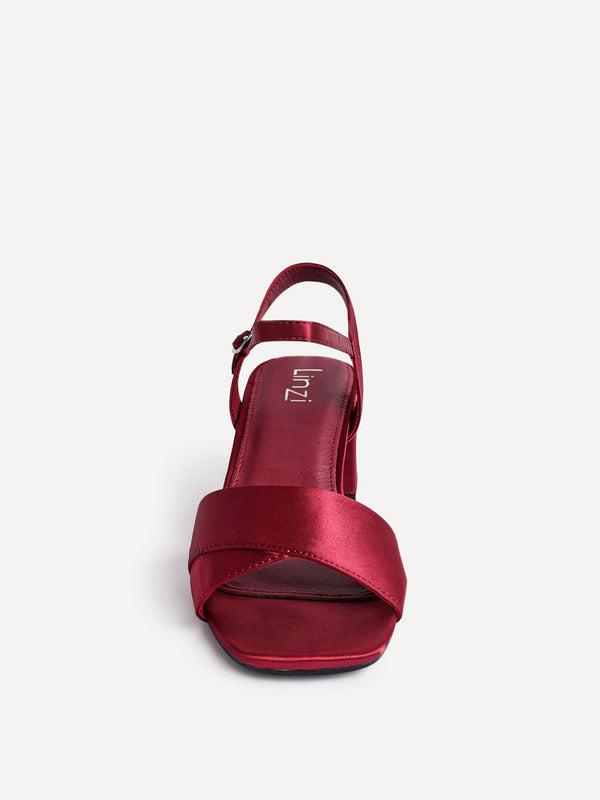 Linzi Wide Fit Burgundy Satin Block Heeled Sandals
