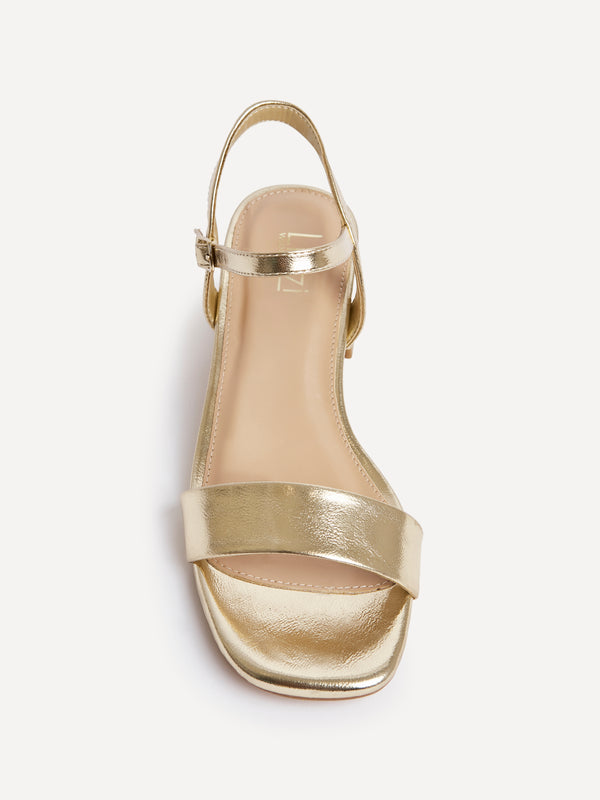 Linzi Wide Fit Gold Faux Leather Low Block Heel