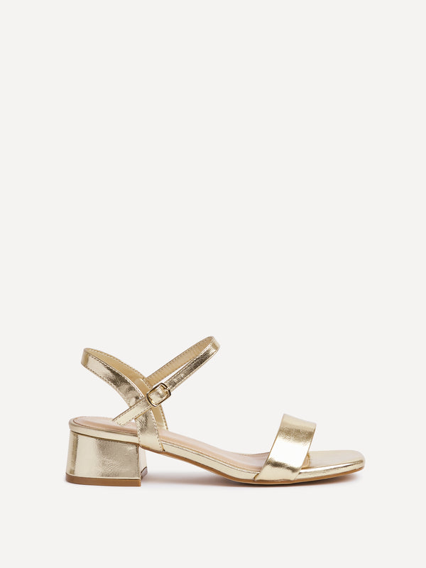 Linzi Wide Fit Gold Faux Leather Low Block Heel