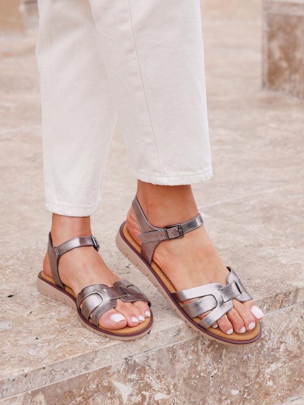 linzi Wide Fit Pewter Faux Leather Two Part Sandal