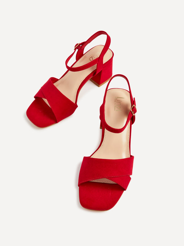Linzi Wide Fit Red Faux Suede Block Heeled Sandals