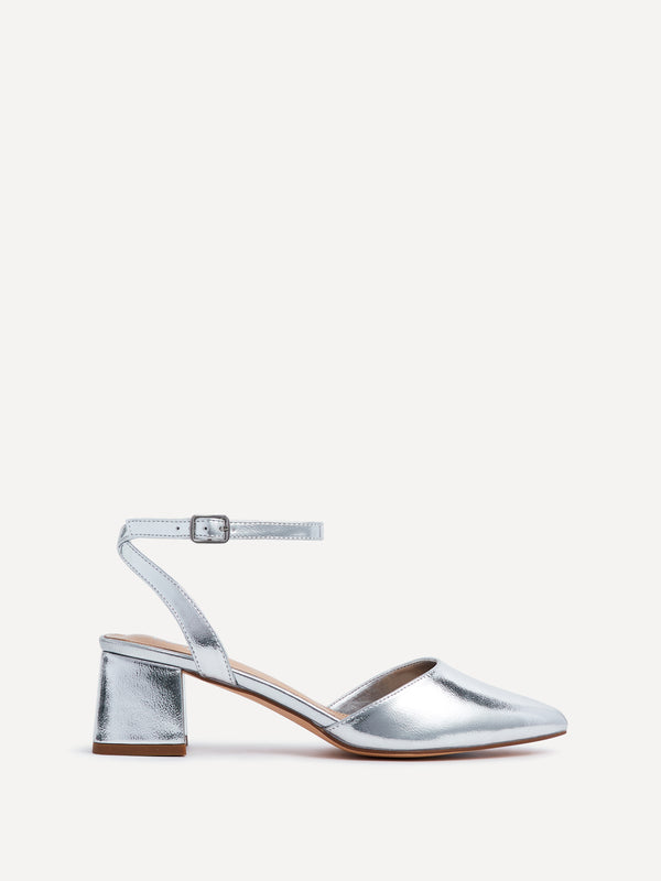 Linzi Wide Fit Silver Faux Leather Court Heel
