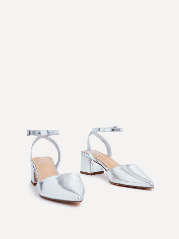 Linzi Wide Fit Silver Faux Leather Court Heel
