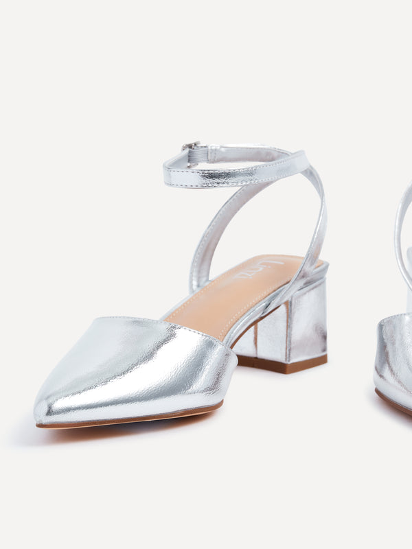 Linzi Wide Fit Silver Faux Leather Court Heel
