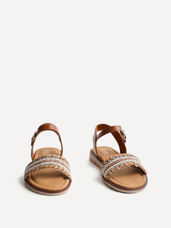 Linzi Wide Fit Tan Raffia Embellished Flat Sandals
