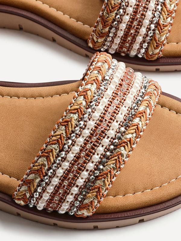 Linzi Wide Fit Tan Raffia Embellished Flat Sandals