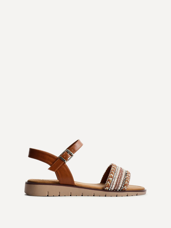 Linzi Wide Fit Tan Raffia Embellished Flat Sandals