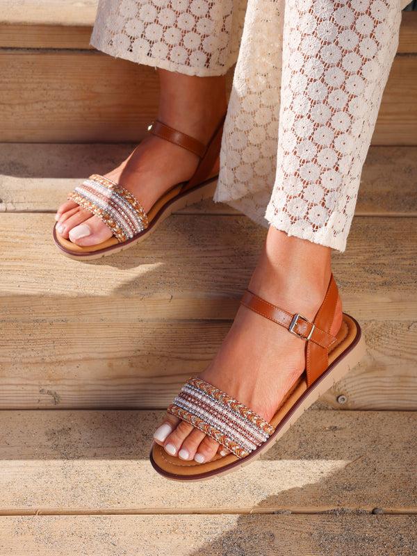linzi Wide Fit Tan Raffia Embellished Flat Sandals