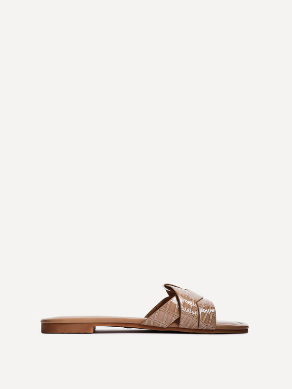 Linzi Mocha Croc Faux Leather Slider With Woven Front Strap