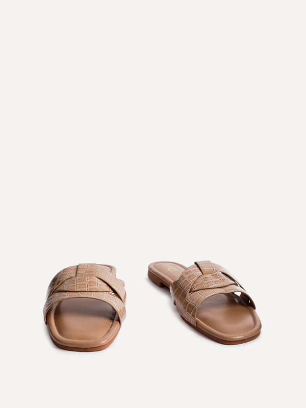Linzi Mocha Croc Faux Leather Slider With Woven Front Strap
