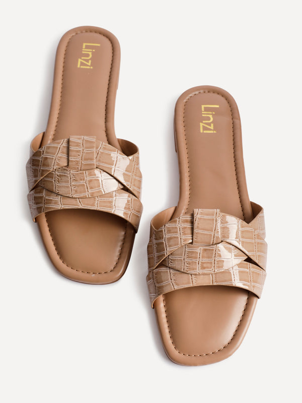 Linzi Mocha Croc Faux Leather Slider With Woven Front Strap