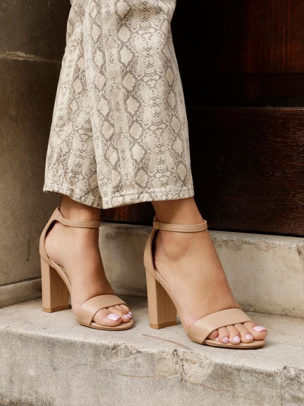 linzi Mocha Faux Leather Barely There Block Heeled Sandal