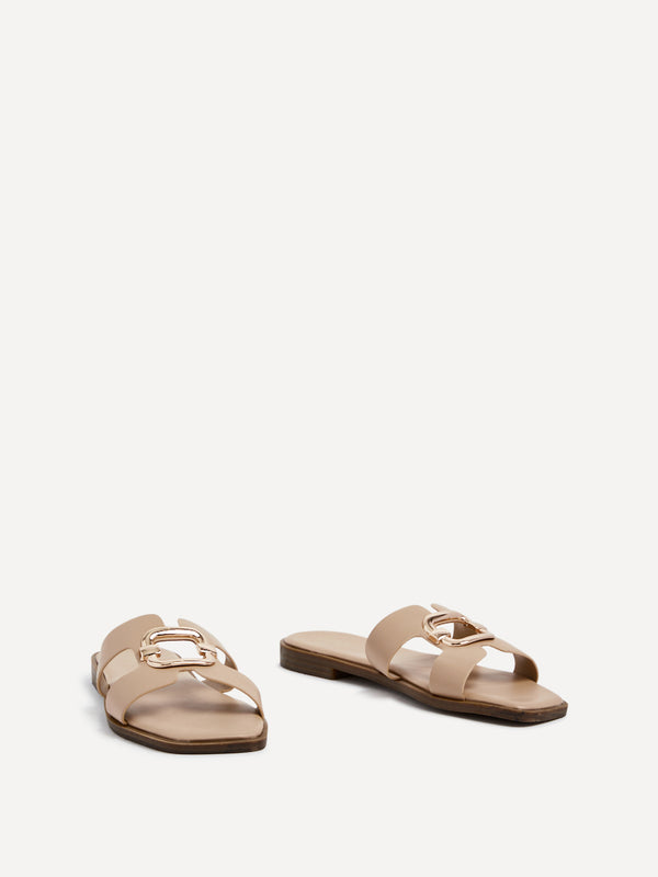 Linzi Mocha Faux Leather Flat Sandal With Gold Embellished Detail