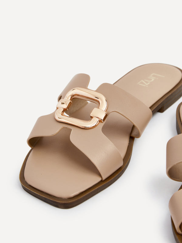 Linzi Mocha Faux Leather Flat Sandal With Gold Embellished Detail
