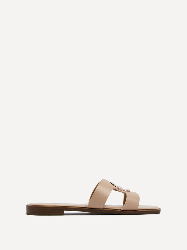 Linzi Mocha Faux Leather Flat Sandal With Gold Embellished Detail