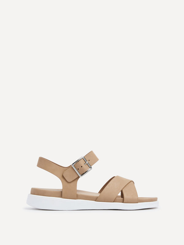 Linzi Mocha Faux Leather Footbed Flatform Sandals With Crossover Front Strap