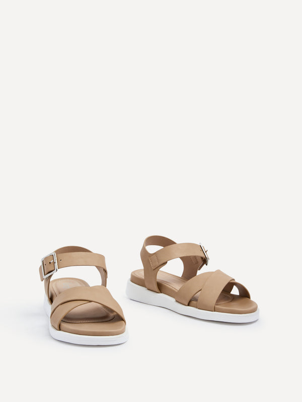 Linzi Mocha Faux Leather Footbed Flatform Sandals With Crossover Front Strap