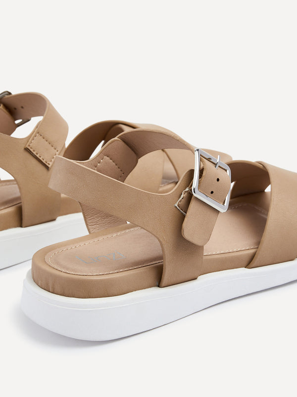 Linzi Mocha Faux Leather Footbed Flatform Sandals With Crossover Front Strap