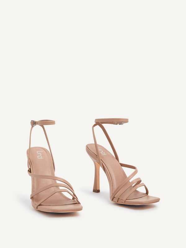 Linzi Mocha Faux Leather Strappy Heel Sandal With Ankle Strap
