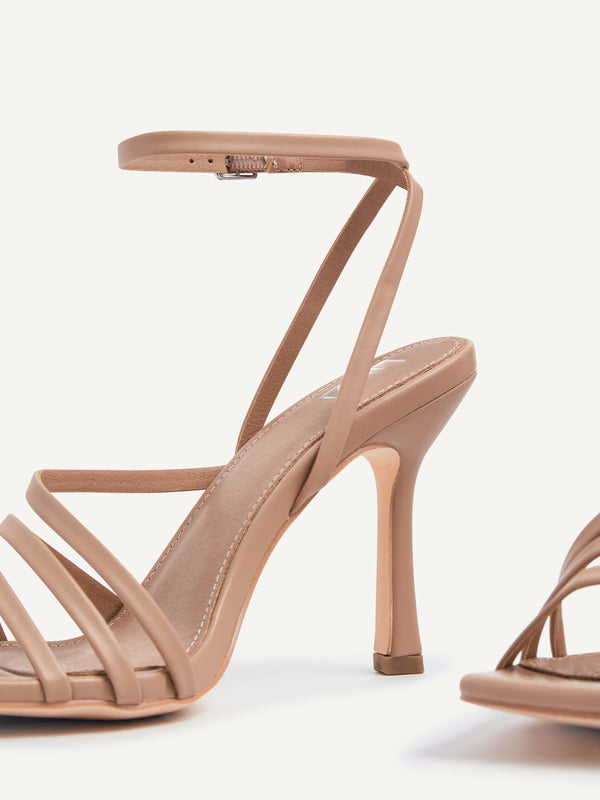 Linzi Mocha Faux Leather Strappy Heel Sandal With Ankle Strap