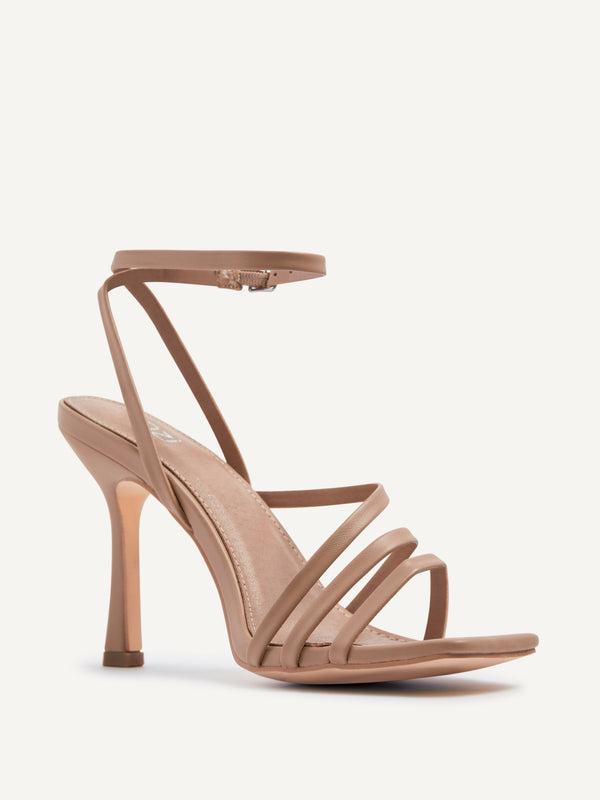 Linzi Mocha Faux Leather Strappy Heel Sandal With Ankle Strap
