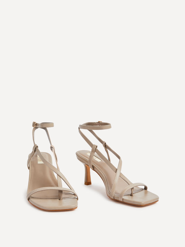 Linzi Mocha Faux Leather Toe-Post Strappy Heeled Sandals