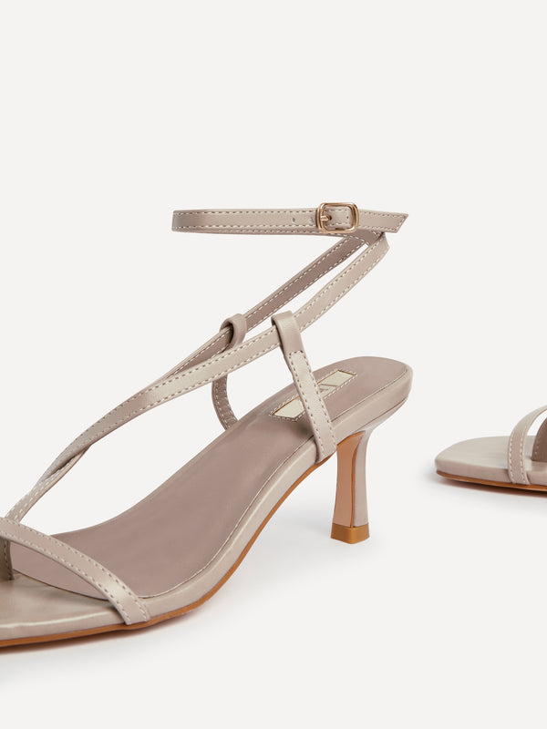 Linzi Mocha Faux Leather Toe-Post Strappy Heeled Sandals