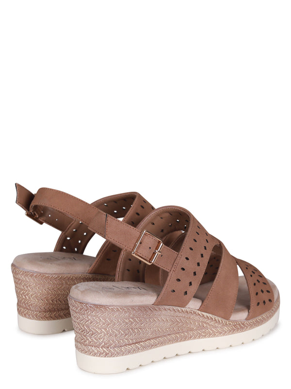 Linzi Mocha Faux Nubuck Slingback Wedge With Cut Out Design Front Strap