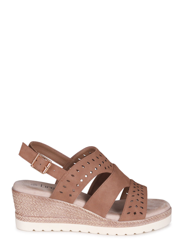 Linzi Mocha Faux Nubuck Slingback Wedge With Cut Out Design Front Strap