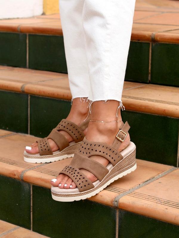linzi Mocha Faux Nubuck Slingback Wedge With Cut Out Design Front Strap