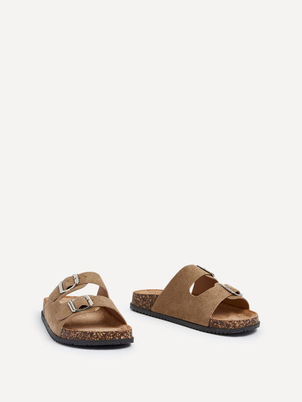 Linzi Mocha Faux Suede Double Buckle Footbed Sandal