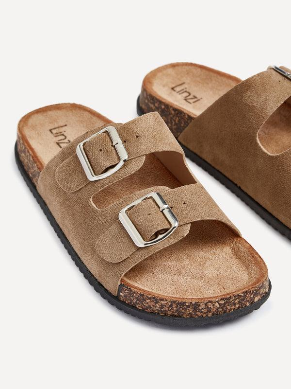 Linzi Mocha Faux Suede Double Buckle Footbed Sandal