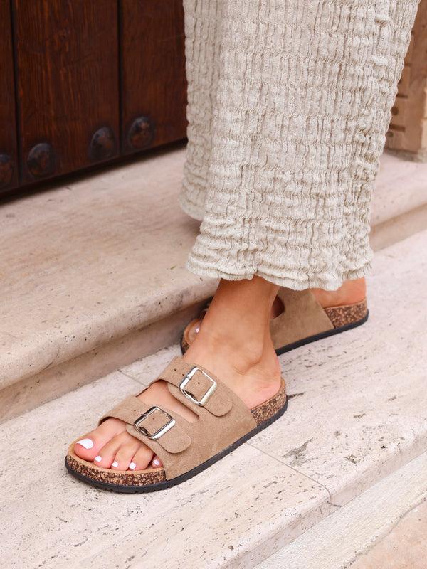 linzi Mocha Faux Suede Double Buckle Footbed Sandal
