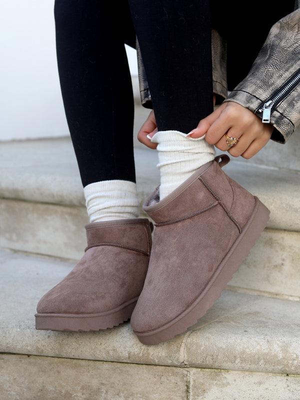 linzi Mocha Faux Suede Faux Fur Lined Ultra Mini Ankle Boot