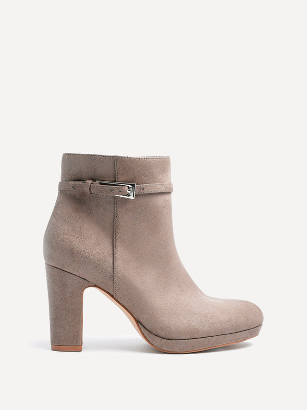Linzi Mocha Faux Suede Heeled Ankle Boot With Buckle Accent