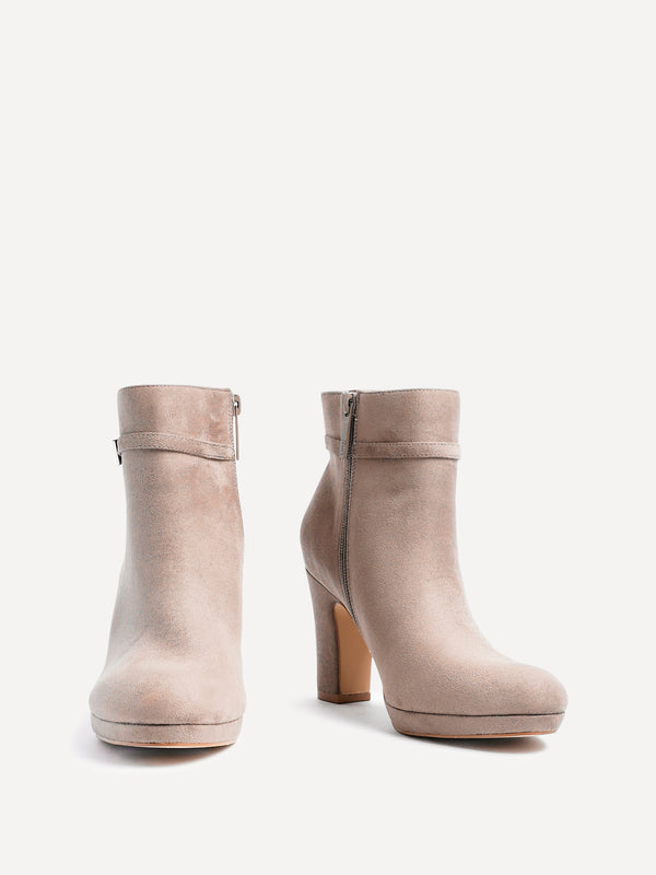 Linzi Mocha Faux Suede Heeled Ankle Boot With Buckle Accent