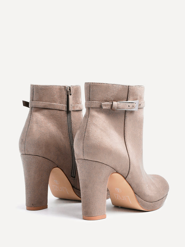 Linzi Mocha Faux Suede Heeled Ankle Boot With Buckle Accent