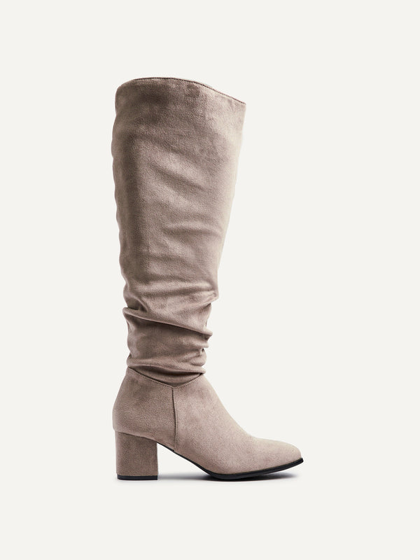 Linzi Mocha Faux Suede Knee High Block Heeled Ruched Boot With Square Toe
