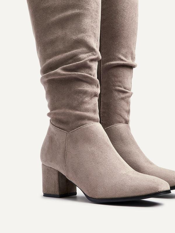 Linzi Mocha Faux Suede Knee High Block Heeled Ruched Boot With Square Toe