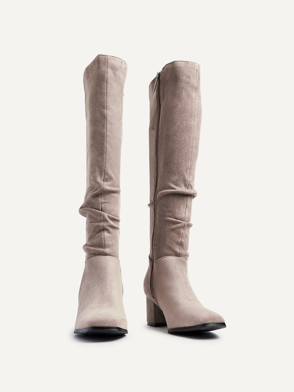 Linzi Mocha Faux Suede Knee High Block Heeled Ruched Boot With Square Toe