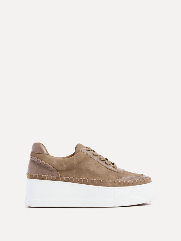 Linzi Mocha Faux Suede & Leather Mix Platform Trainer With Woven Detail