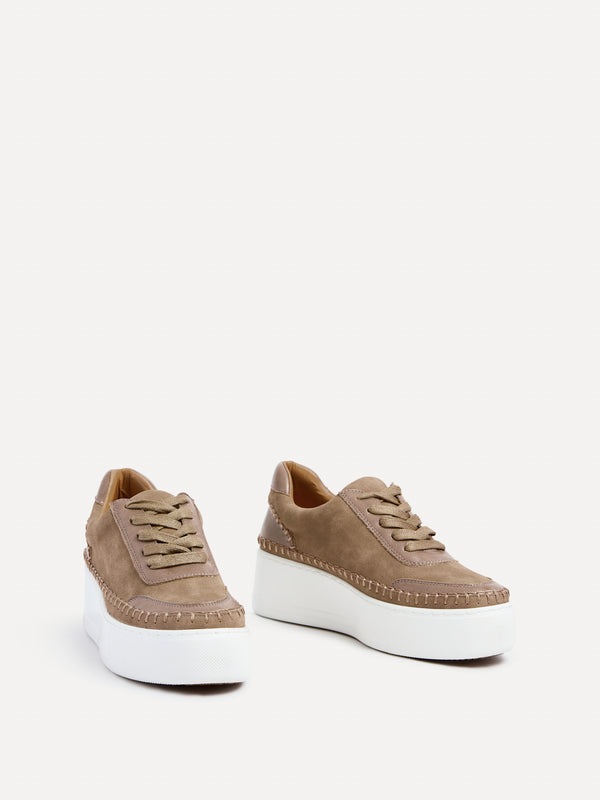 Linzi Mocha Faux Suede & Leather Mix Platform Trainer With Woven Detail