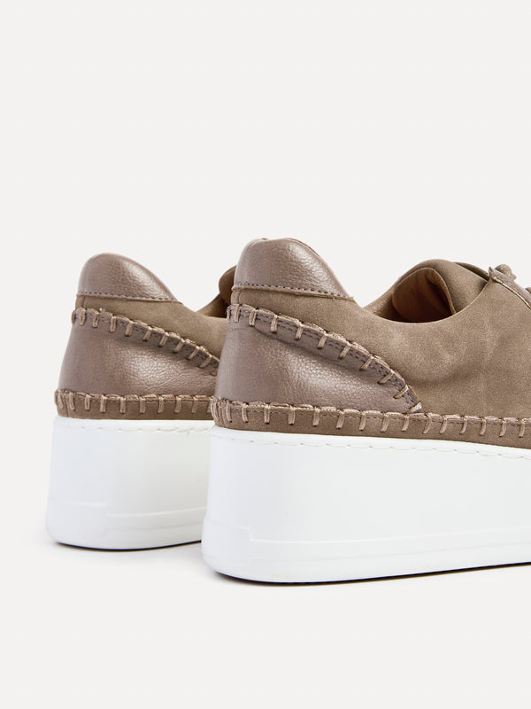 Linzi Mocha Faux Suede & Leather Mix Platform Trainer With Woven Detail