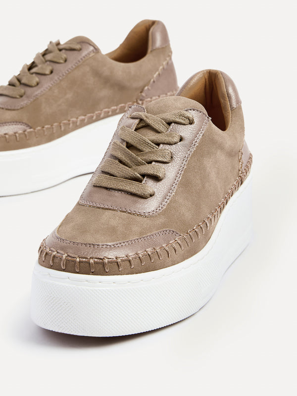 linzi Mocha Faux Suede & Leather Mix Platform Trainer With Woven Detail
