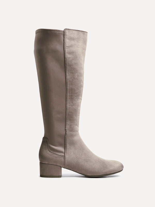 Linzi Mocha Faux Suede Long Low Heeled Boot With Stretch Back Panel