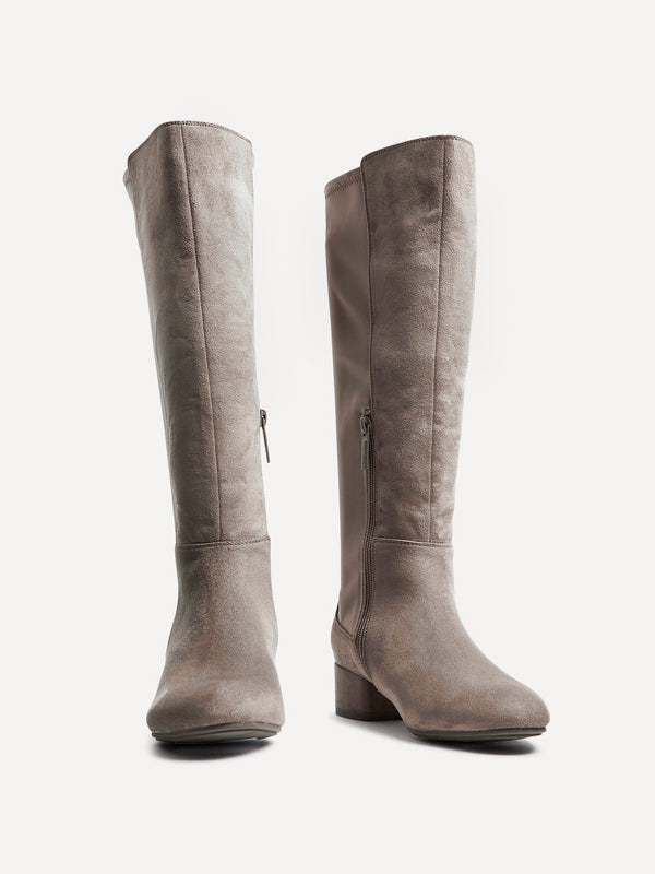 Linzi Mocha Faux Suede Long Low Heeled Boot With Stretch Back Panel