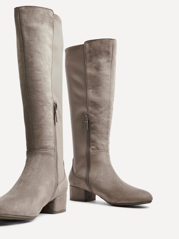 Linzi Mocha Faux Suede Long Low Heeled Boot With Stretch Back Panel