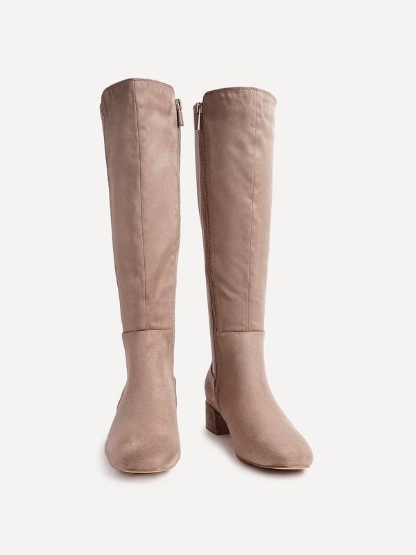 Linzi Mocha Faux Suede Low Block Heel High Leg Boot