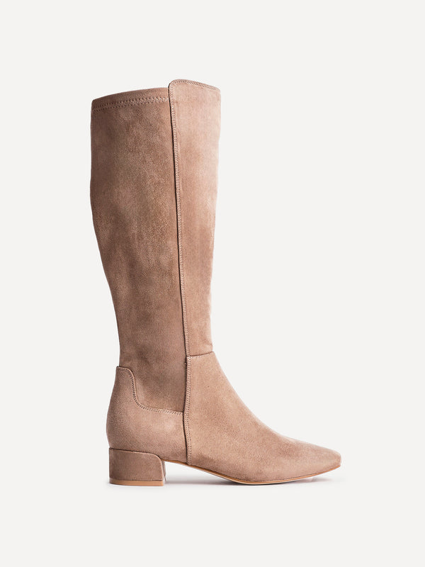 Linzi Mocha Faux Suede Low Block Heel High Leg Boot