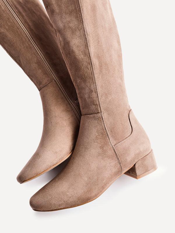 Linzi Mocha Faux Suede Low Block Heel High Leg Boot